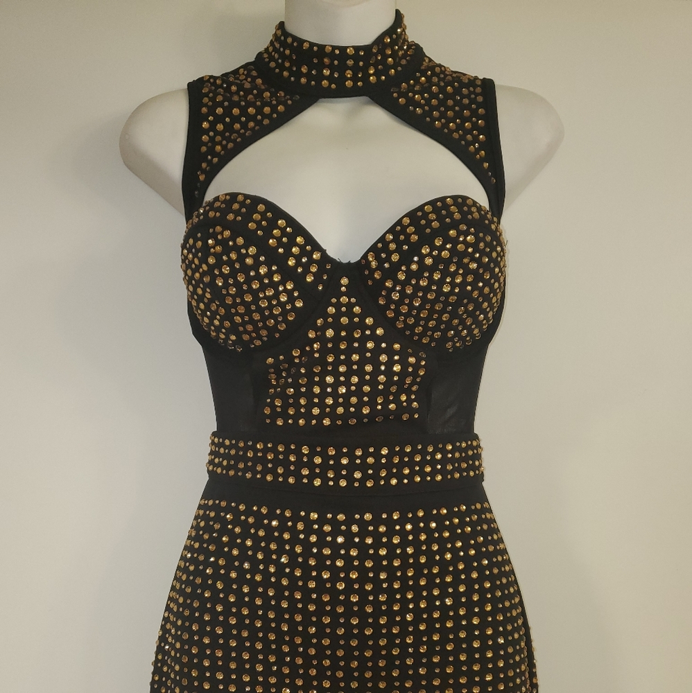 Bustier studded mini dress w sheer back